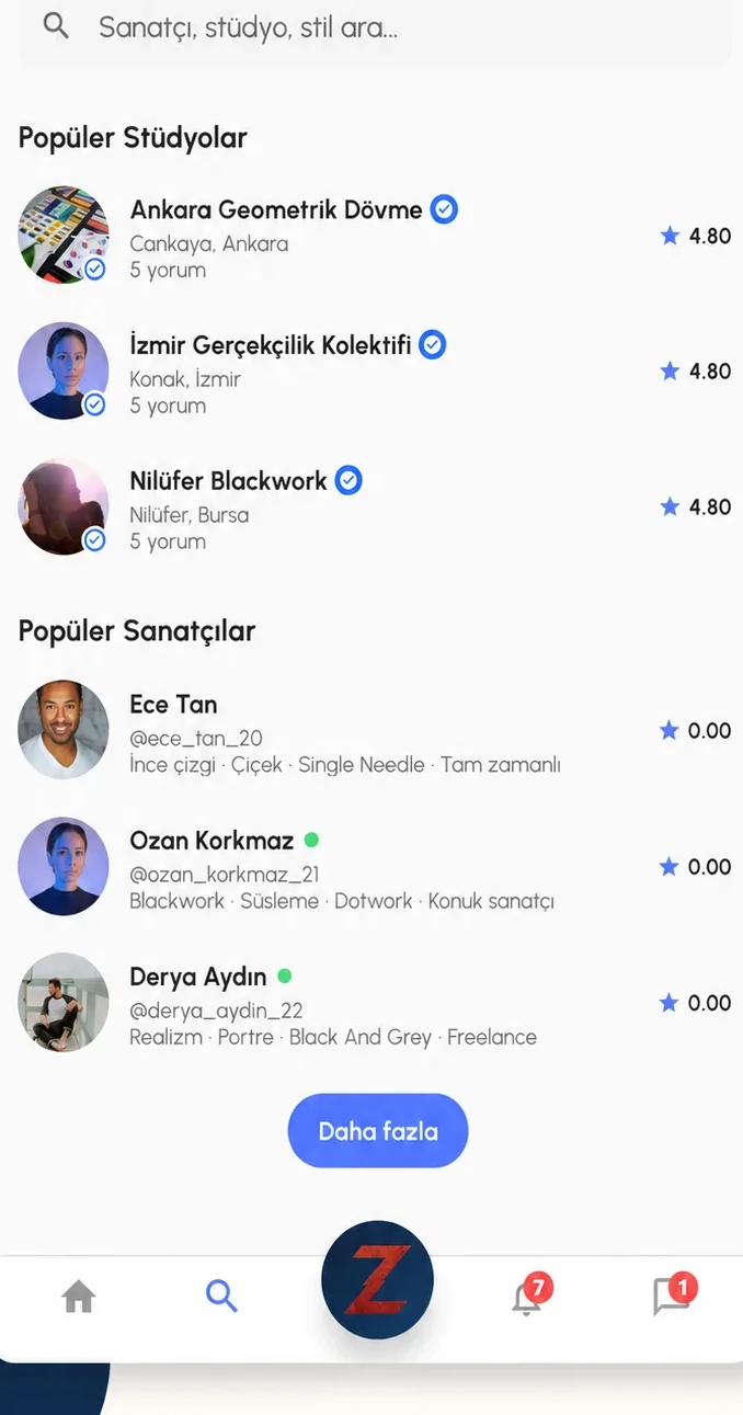Inkz arama ekranı: popüler stüdyolar ve sanatçılar, stil ve konum etiketleri.