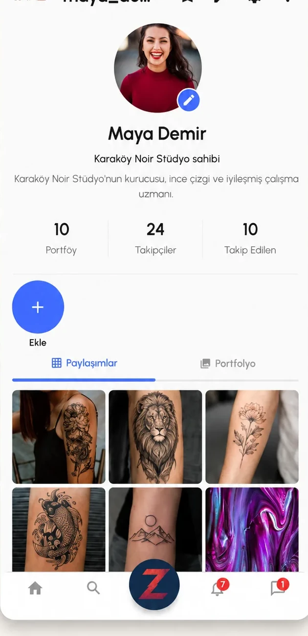 Inkz stüdyo profili: portfolyo ızgarası, takipçi sayıları ve paylaşım sekmeleri.